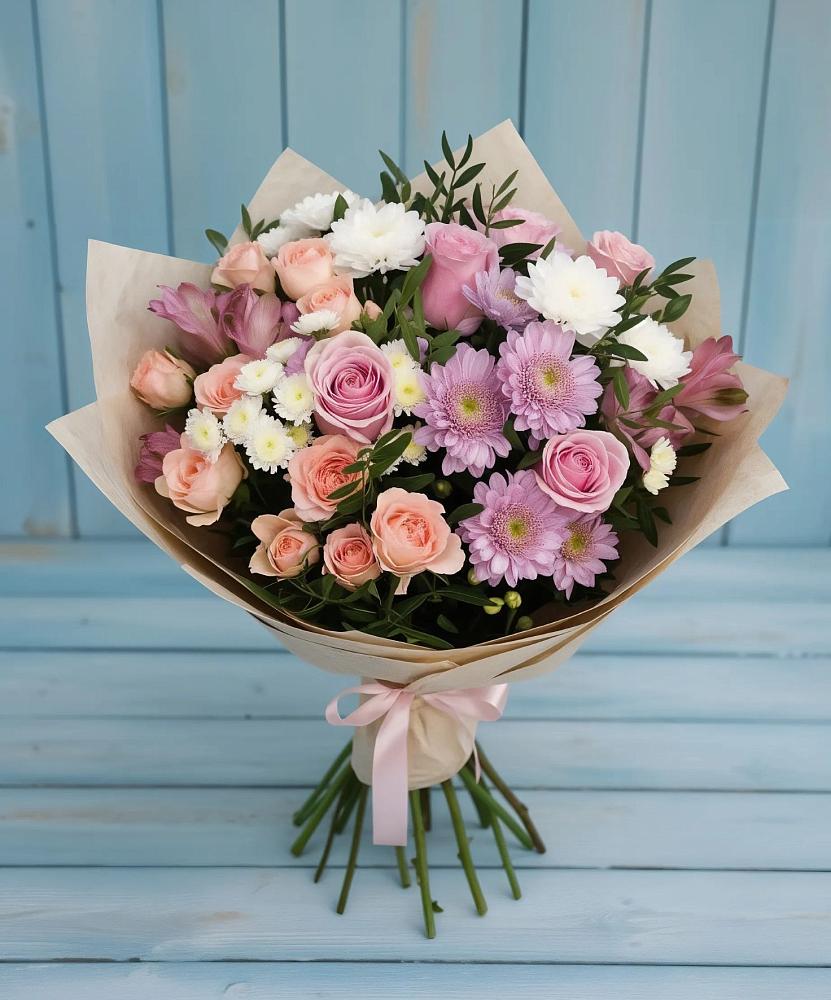 Букет цветов из: Хризантемы, Розы и Альстромерии в Загорянский