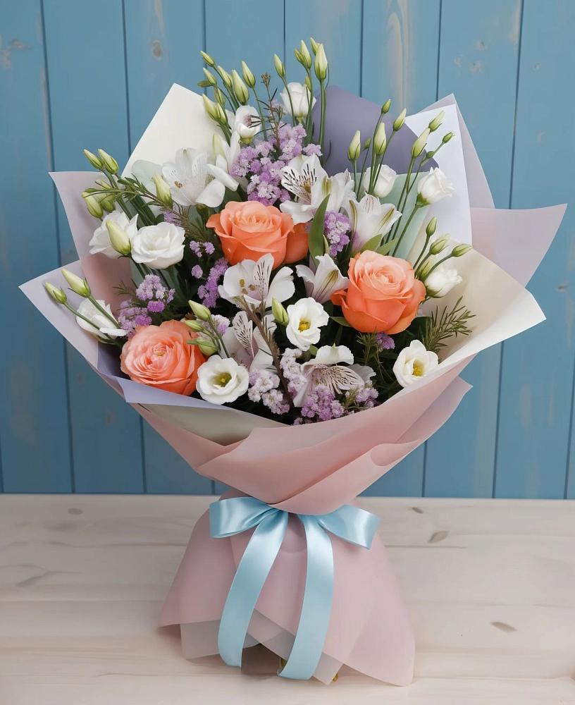 Букет цветов из: Лизиантусы, Розы, Альстромерии и Гипсофила в Загорянский