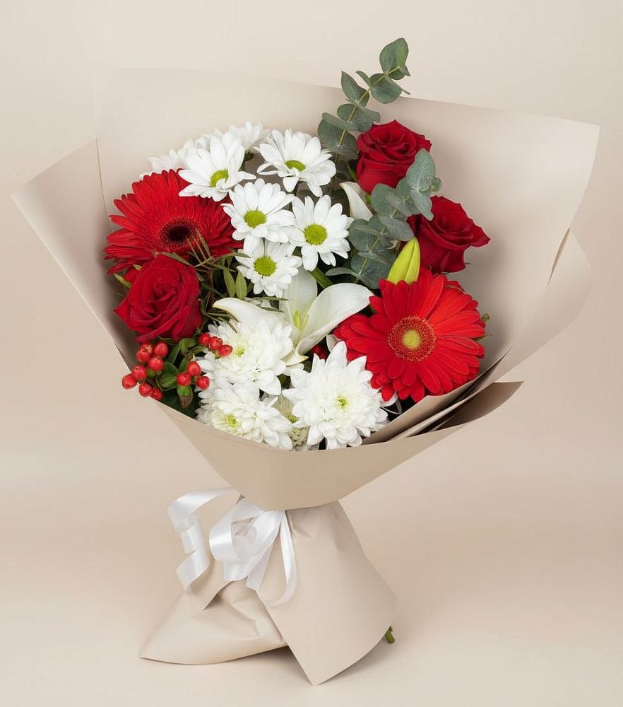 Букет цветов из: Розы, Хризантемы, Герберы и Лилии в Загорянский