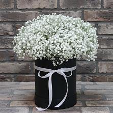 Цветочная композиция из Гипсофила в шляпной коробке в Загорянский