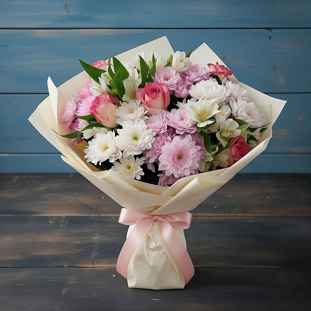 Букет цветов из: Хризантемы, Альстромерии и Розы в Загорянский